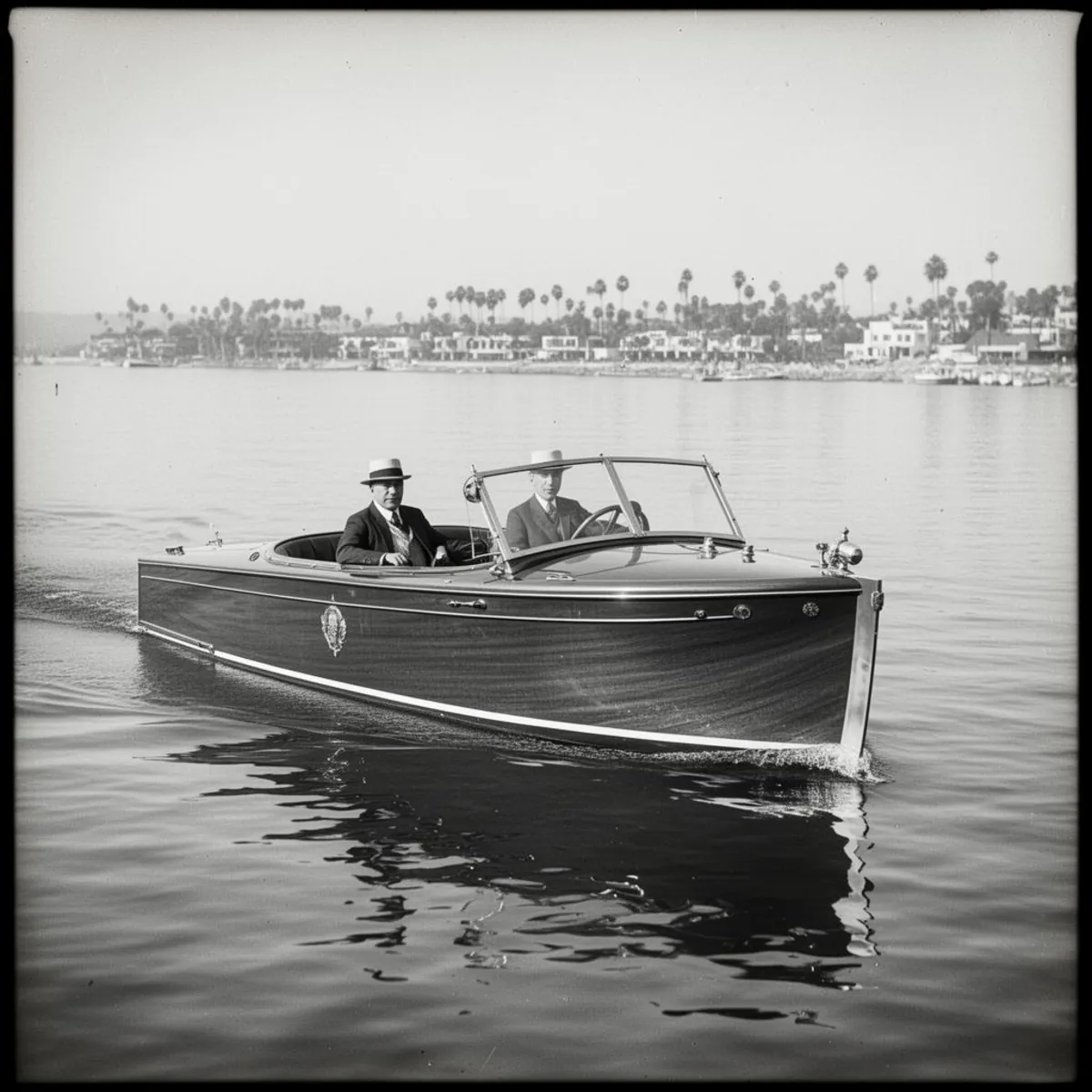 Classic wooden runabout on Newport Bay
